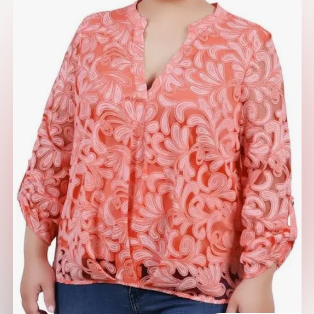 NY Collection Coral Floral Lace Blouse Long Sleeve Scrolleaf NWOT